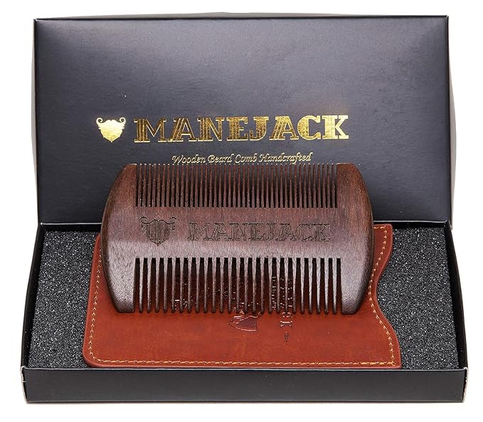 Wooden Beard Comb with Carrying Pouch - Top Pocket Combs Kit for Men - Perfect for Beard, Head hair, Mustache-Dry Use with Balms and Oils - Fine and Coarse Teeth