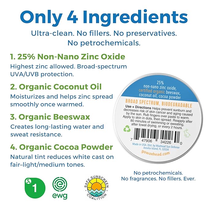 Waxhead Tinted Zinc Oxide Surf Sunscreen SPF 30 for Face, 4 Ingredient Reef Safe Zinc Paste, Waterproof Sunblock for Swimming, Sensitive Skin and Eczema, Tinted Scar and Tattoo Protection, 2oz Tin