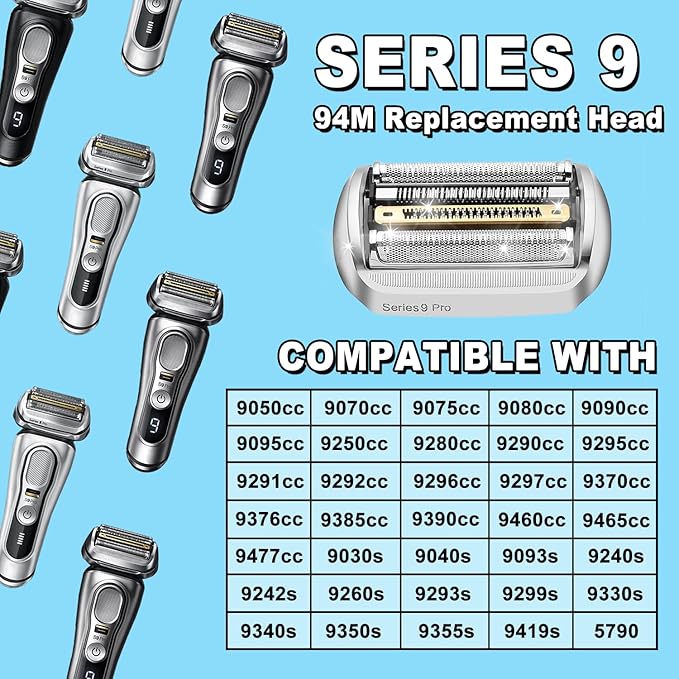Series 9 94M Electric Shaver Head Replacement Part 94M Silver, Compatible with Braun Series 9 Pro and Series 9 Electric Razors 9290cc, 9291cc, 9370cc, 9293s, 9385cc, 9390cc, 9330s