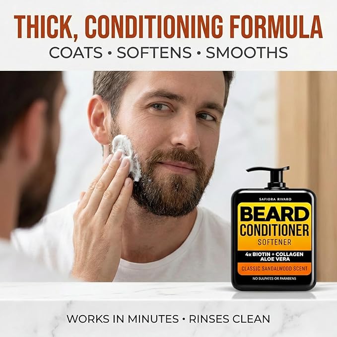 Biotin Beard Conditioner & Softener for Men – with Aloe Vera & Collagen, Moisturizing Cream for Coarse Dry Hair, Beard and Skin – Sandalwood Scent Care Leave In Conditioner Alternative (16 Fl Oz)
