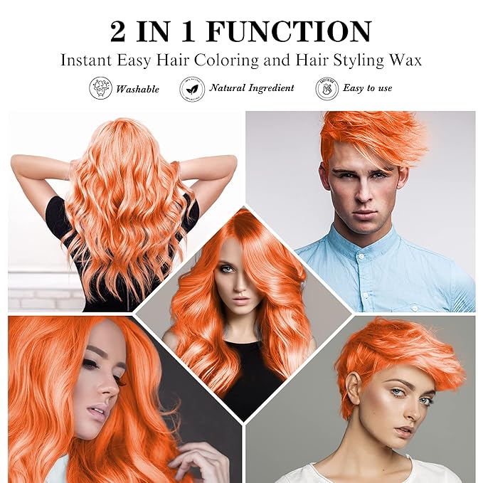 Temporary Orange Hair Spray Color Wax with Dye Brush, Instant Natural Hairstyle Cream 4.23 oz, Disposable Coloring Mud for Men Women Youth, Washable Styling Pomades, Party Cosplay DIY Halloween
