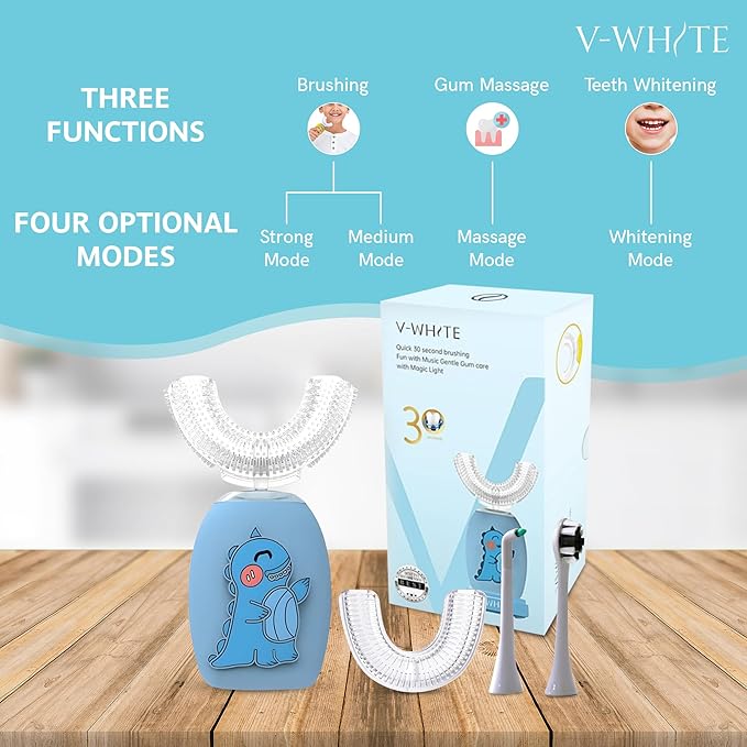V-WHITE Electric Toothbrush Kids- Ultrasonic U-Shaped Toothbrushes for Teeth Whitening - 360° Mouth Cleansing, Hands Free Gums Protection - Wireless Charging & LED Light - Waterproof IPX7 Certified