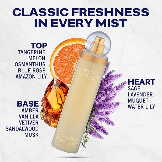 Perry Ellis 360° Body Spray for Women - Fruity, Floral Body Mist, Perfumes for Women, EDT, Long Lasting Fragrance, Eau De Parfum with Fresh Scent - 8 fl oz
