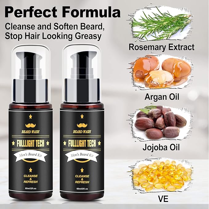 FULLLIGHT TECH Men's 2 Pack Beard Care Kit - Argan Oil & Jojoba Oils Shampoo, Rosemary Extract for Clean, Moisturizing and Nourishing Mustache & Beard Growth