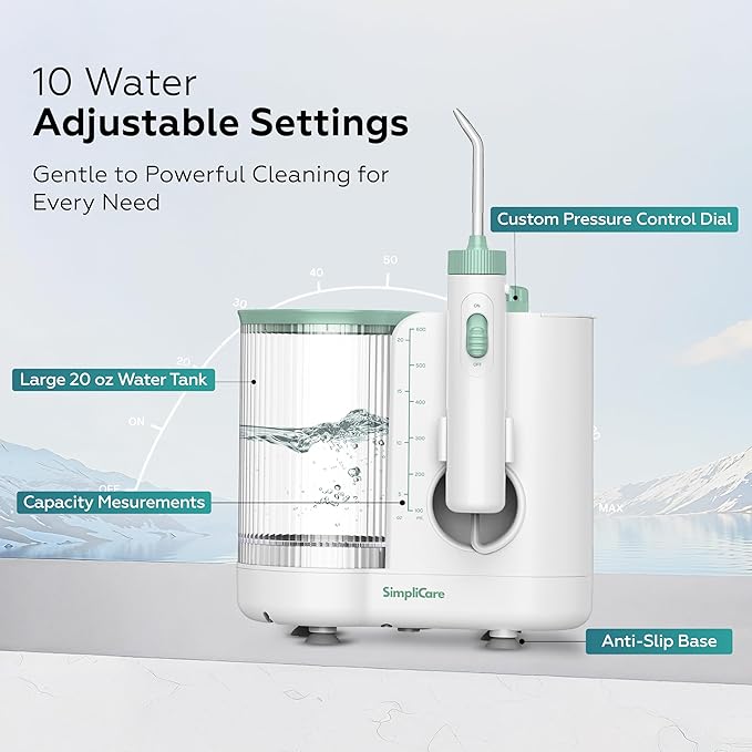Pro Countertop Oral Irrigator Water Dental Flosser | 10 Pressure Levels, 21–160 PSI, 20.3 oz Large Tank, Complete 8-Tip System for Braces, Implants & Gum Care, BPA-Free (FC1761-W)