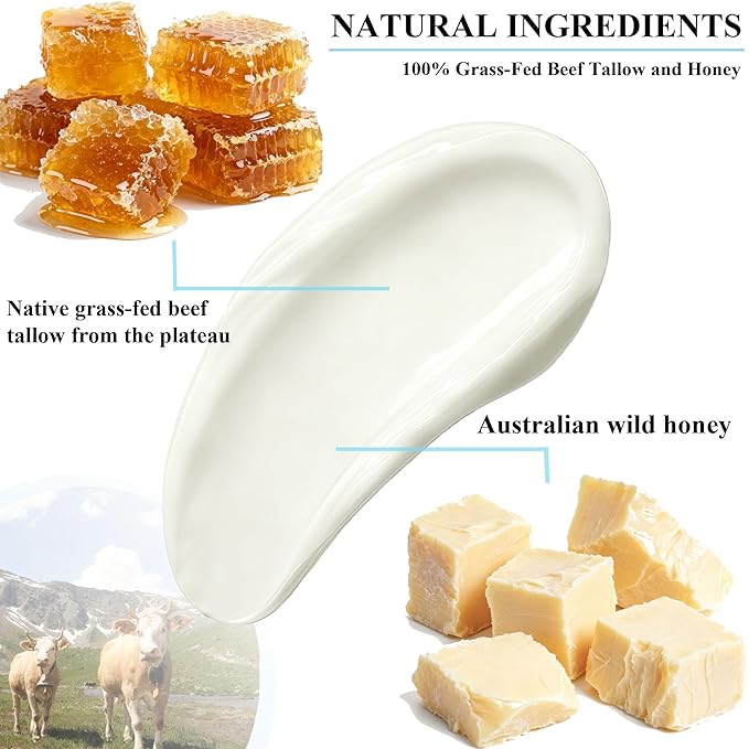 Tallow and Honey Balm - 100% Grass-Fed Beef Tallow for Skin with Organic - Deeply Moisturizing Beef Tallow for Face Body - Natural Formula Care for Dry & Sensitive Skin 4.3OZ, Whipped beef honey cream
