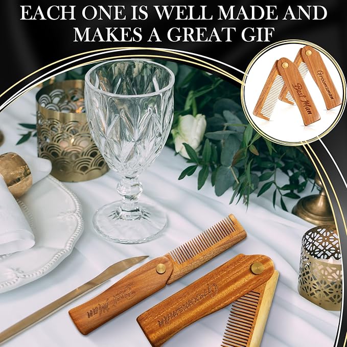 6 Pcs Groomsmen Gifts Folding Beard Comb for Men with Opener Groomsmen Gift Set of 6 Best Man Proposal Gift Combs Hair Mustache for Wedding Party Favor Grooming Detangling(Wooden,Wood Color)
