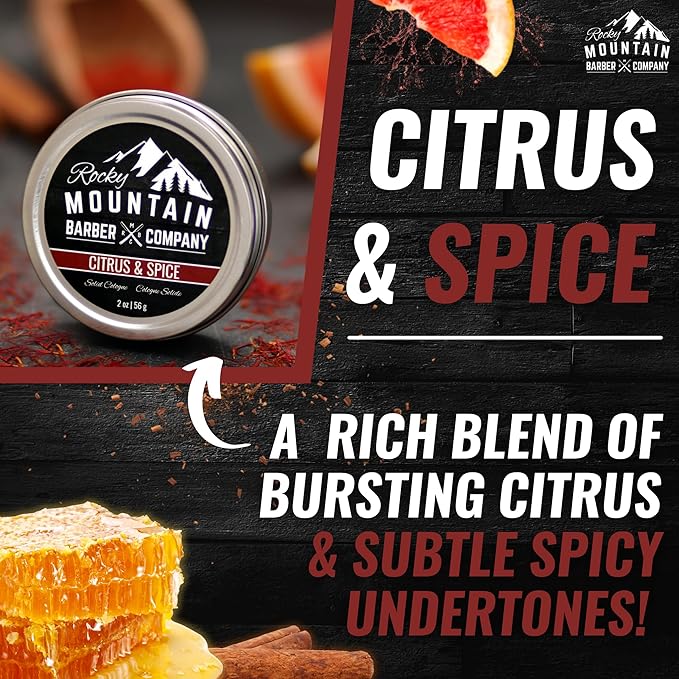 Rocky Mountain Barber Company Solid Cologne for Men – Citrus & Spice Scent – 2 Oz Size - Made with Coconut Oil, Shea Butter - Long-Lasting Scent