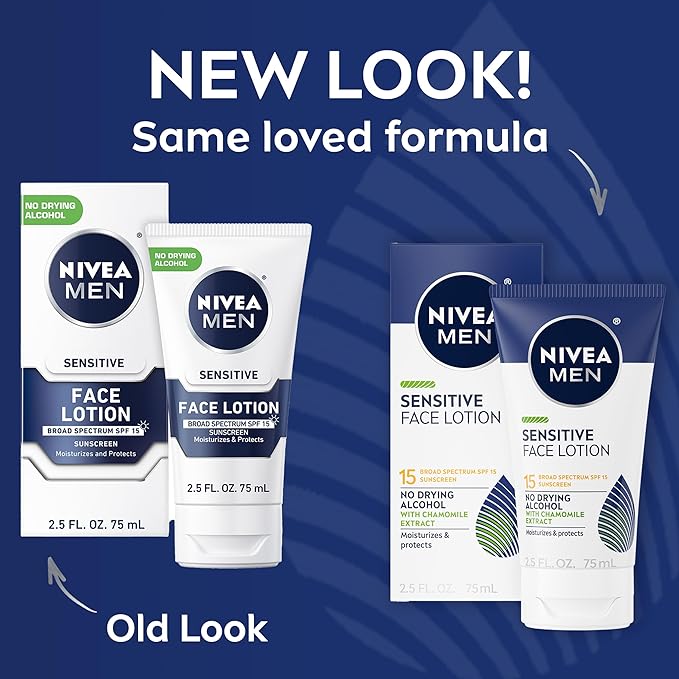 NIVEA MEN Sensitive Face Lotion with SPF 15,Broad Spectrum Sunscreen of 2.5 Fl Oz Tubes,(Pack of 6)