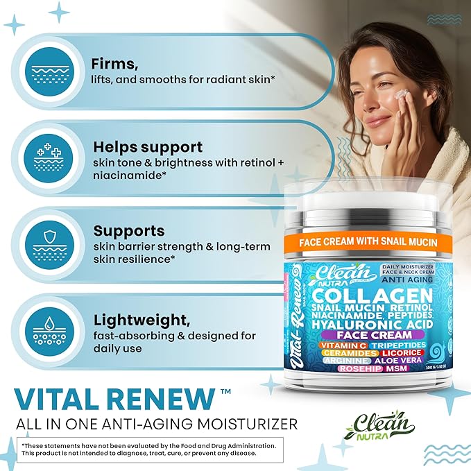Vital Renew Snail Mucin Collagen Face Cream Daily Moisturizer Retinol Anti Aging Face Cream Niacinamide Peptides Hyaluronic Acid Vitamin C MSM Tripeptides Ceramides Licorice Arginine Aloe Vera