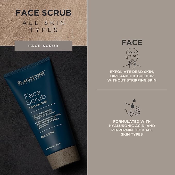 Blackstone Men's Grooming 2-in-1 Facial Scrub & Shave Gel with Hyaluronic Acid and Peppermint - Cleanse & Exfoliate | Hydrates Skin After Shaving | USA Made, Sea & Surf (6 Fl Oz)