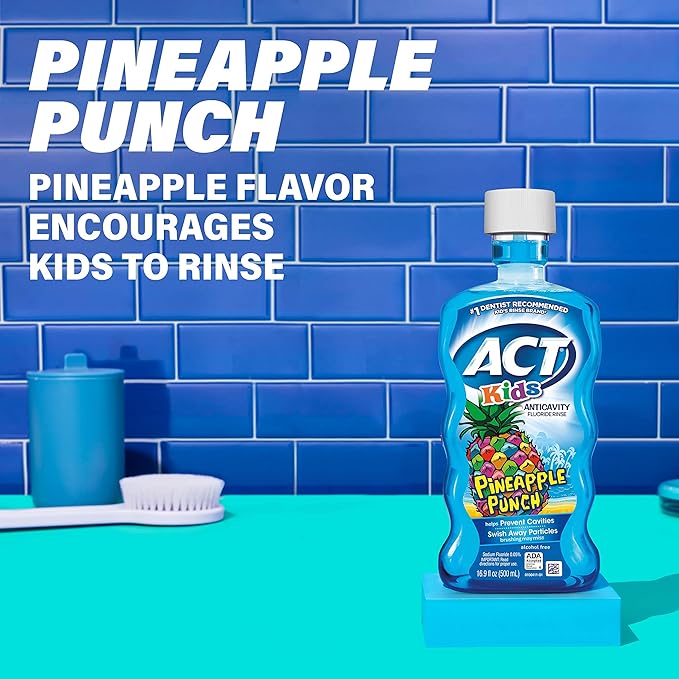 ACT Kids Anticavity Fluoride Rinse Pineapple Punch 16.9 fl. oz. Accurate Dosing Cup, Alcohol Free (Pack of 2)
