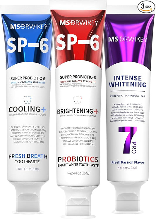 SP-6 Toothpaste, Cooling Fresh Breath, and Popping 7-Pro Whitening Toothpaste Bundle | 6 Probiotics for Oral Health, Fluoride-Free, Safe for Enamel, Deep Whitening & Freshness