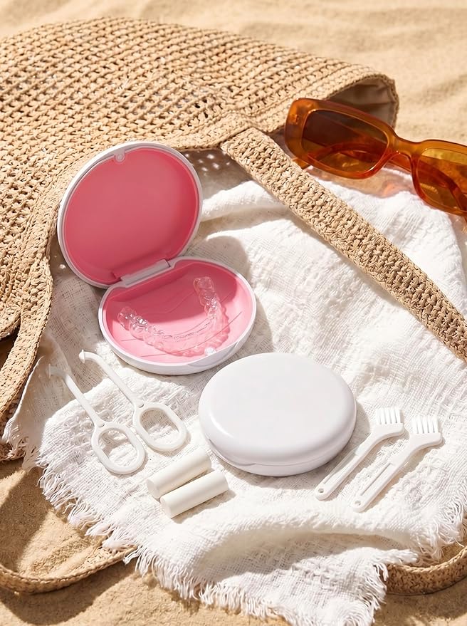 2 Pack Retainer Case, Compatible with Invisalign, Slim Aligner Case with Removal Tool, Aligner Seaters & Brush, Pocket Size Secure Magnetic Closure for Travel - White&Pink