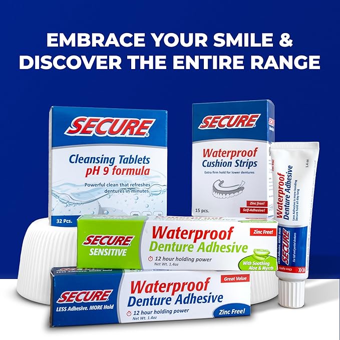 Secure Sensitive Denture Adhesive with Aloe Vera & Myrrh to Nourish Your Gums – Uppers, Lowers & Partials - Waterproof & Zinc Free - Food Grade Ingredients - Less Adhesive, More Hold - 1.4 oz (4 Pack)