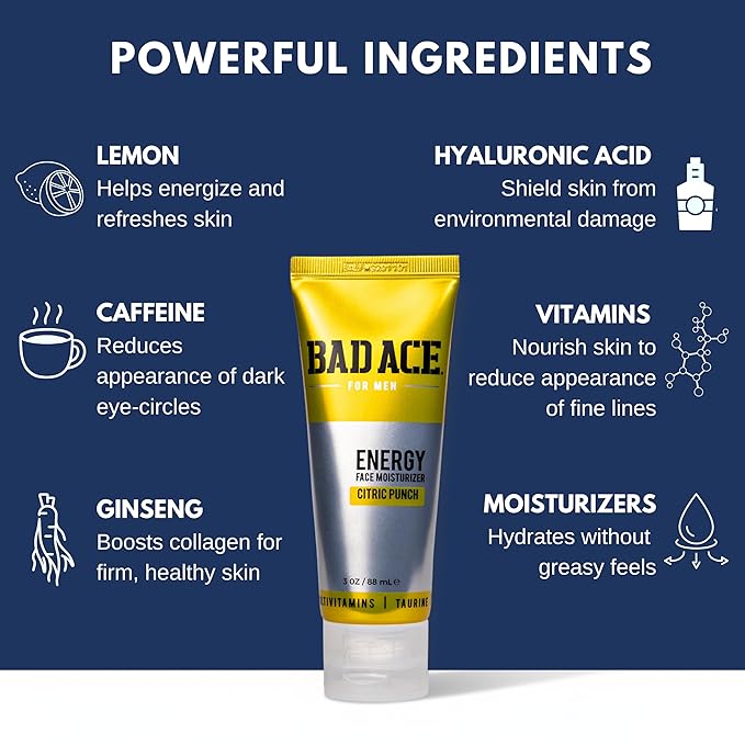 BAD ACE Energy Daily Moisturizer for Men, Korean Skin Care Hydrating Facial Cream - Multi-Vitamin Men's Face Moisturizer for Dry and Acne-Prone Skin - Citric Punch, 3 oz