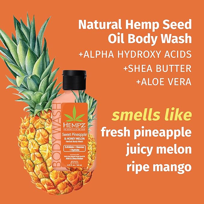 Hempz NEW Mini Body Wash, Sweet Pineapple & Honey Melon Travel Size Shower Gel, 2.25 oz. (Pack of 2)