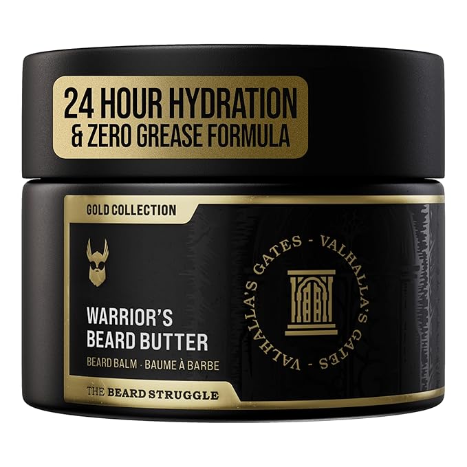 The Beard Struggle Warrior’s Beard Butter Valhalla's Gates - Gold Collection - Non-Greasy Low-Hold Formula, Luxurious Cologne-Grade Fragrances 100% Natural - 50g / 1.76 US. oz. Warrior-Glass Jar