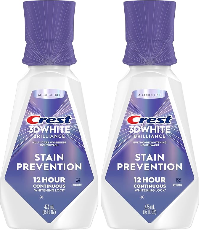 Crest 3D White Brilliance Stain Prevention Mouthwash/Rinse 473 mL- 12-Hour Stain Prevention,Alcohol Free,(Pack of 2)