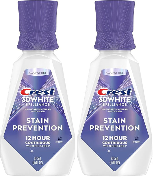 Crest 3D White Brilliance Stain Prevention Mouthwash/Rinse 473 mL- 12-Hour Stain Prevention,Alcohol Free,(Pack of 2)
