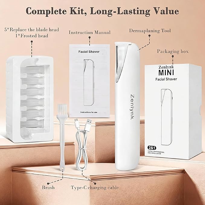 Vibration-Assisted Manual Dermaplane Razor for Women Face, Zenlynk Facial Exfoliator & Peach Fuzz Trimmer with 3 Vibration Modes, LED Light, 5 Replacement Blades & Exfoliating Scrubber, White