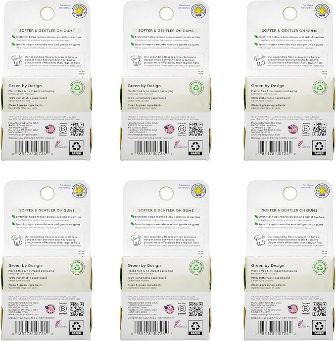 Radius Vanilla Mint Dental Floss 55 Yards Vegan & Non-Toxic Oral Care Boost & Designed to Help Fight Plaque Clear - Pack of 6