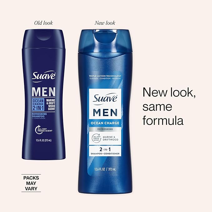 Suave Men Ocean Charge 2 in 1 Refreshing Shampoo & Conditioner with Pro Vitamin B5, Hydrates & Revitalizes Hair, Ocean Fresh Scent, 6 Count, 12.6 FL OZ