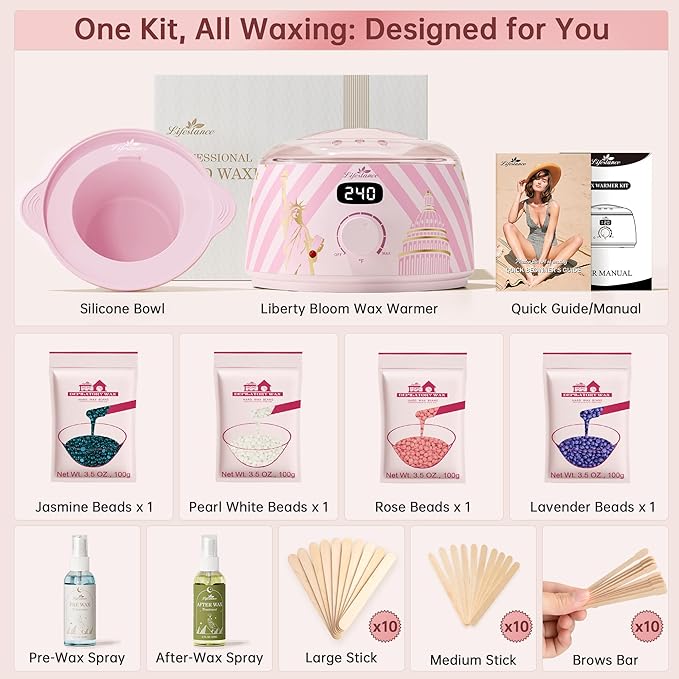 Lifestance Waxing Kit for Women & Men - L3 Liberty Bloom Digital Warmer, Silicone Wax Pot Liner, Hair Removal Kit with 14.1oz Hard Wax Beads & Oil Spray Professional for Home Brazilian Bikini Face Leg