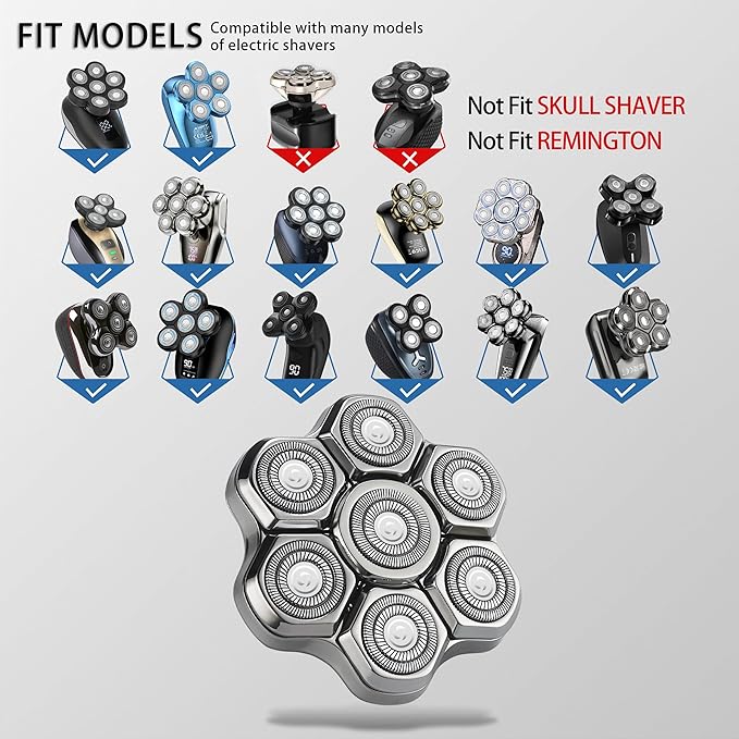 Magnetic Head Shaver Replacement Heads 7 Double Ring Waterproof Rotary Razor Blades for Bald Men Compatible with freebird wyklaus shpavver & Other Brands(silverm7)