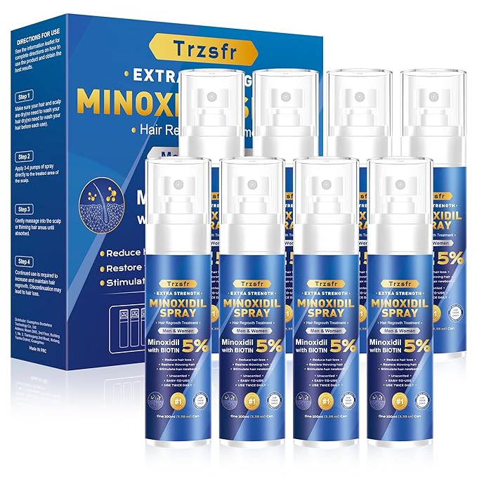 5% Minoxidil Spray for Men & Women - Hair Growth Serum & Hair Regrowth Treatment | Extra Strength with Biotin | 12-Month Supply 8-Pack (28 fl oz) | Clinically Proven for Hair Loss & beard growth