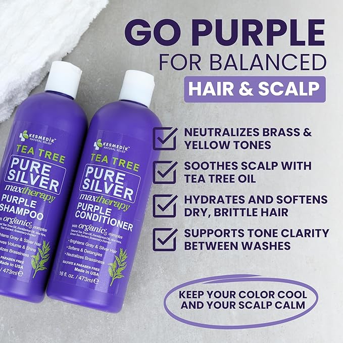 Tea Tree Purple Shampoo & Conditioner Set with Rosemary & Aloe, Professional Anti Brass Toner, Removes Yellow Tones for Gray, Bleached, White & Blonde Hair, Refreshes Scalp, Sulfate-Free