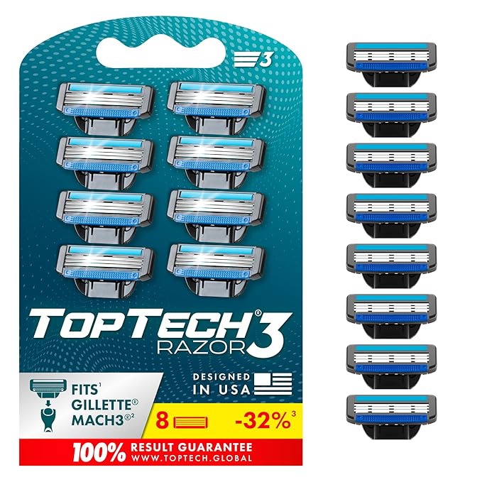 Razor 3 for Men - Replaceable Cartridges for Manual Shaving Razor - 3-Blade Technology Refills - Fits Gillette Mach3 - Soft Shave Sharp Blades - Cost-effective Refill (8 refills)