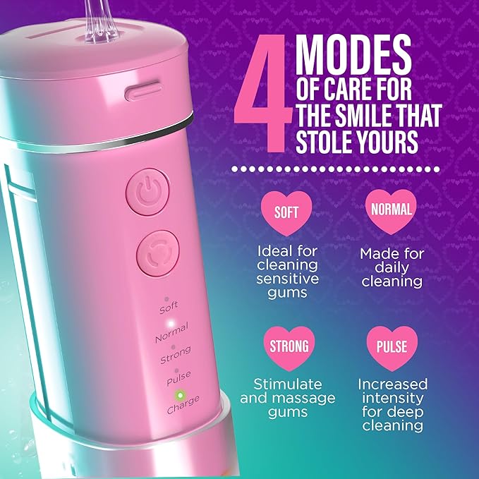 GuruNanda Compact Water Dental Flosser, Portable Travel Size Oral Irrigator Flosser with Collapsible 180 ml Tank, Smart Timer, 4 Flossing Modes, TSA-Friendly - Pink