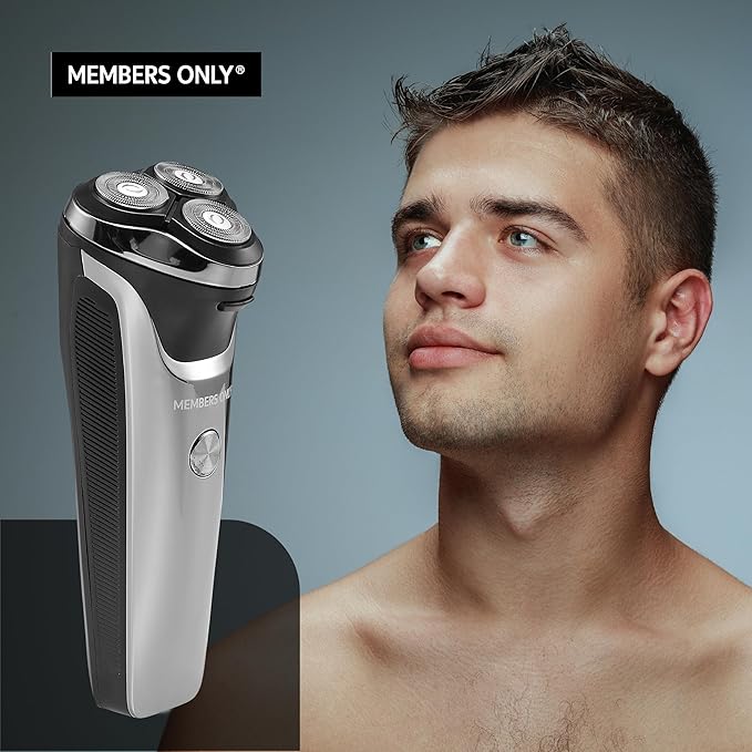 Members Only Electric Razor for Men, Lithium Metallic Cordless 3 Heads Rotary Shaver, Precision Trimming, Close Shave with Built-in Pop-up Trimmer, IPX6 Waterproof, USB Rechargeable Battery