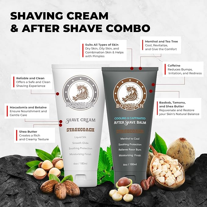 Bossman Liquid Silk Shave Cream for Men – Sensitive Skin Formula, Smooth Glide, & Soothing Protection – Moisturizing Finish (Stagecoach Scent)