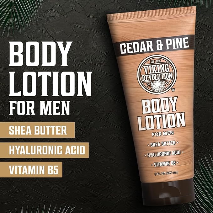 Viking Revolution Cedar and Pine Body Lotion for Men – Mens Lotion for Dry Skin with Shea Butter, Hyaluronic Acid and Vitamin B5, Nourishing Mens Body Lotion for Hydrated and Smooth Skin (8oz, 1 Pack)