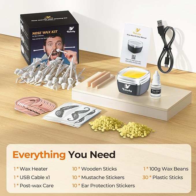 Nose Wax Kit Men, Nose Ear Hair Removal Kit for Men Women, 40 Sticks, 100g Wax, USB Fast Heat, Smart Constant Temp, Painless Hair Removal Waxing Kit for Nose Ears Eyebrow Lip Facial, Yellow
