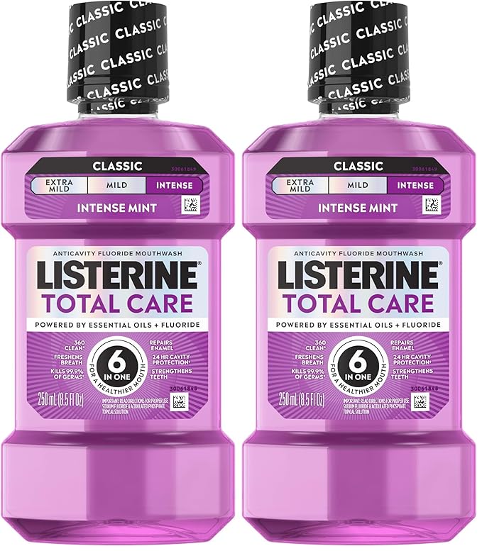 Listerine Total Care Anticavity Fluoride Mouthwash, 6 Benefits in 1 Oral Rinse Helps Kill 99.9% of Bad Breath Germs, Prevents Cavities, Strengthens Enamel, ADA-Accepted, Fresh Mint, 250 mL (Pack of 2)