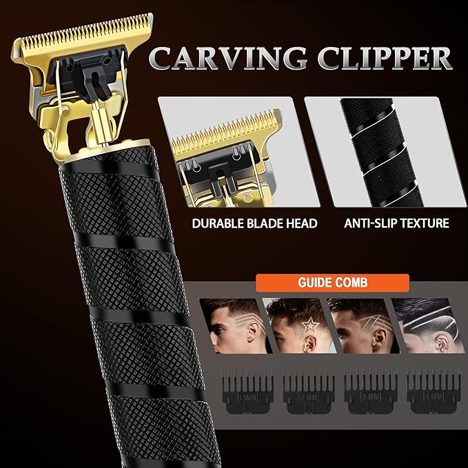 Vintage Black Professional Hair Clippers for Men, Cordless T-Blade Beard & Mustache Trimmer Kit, LED Display, Rechargeable Electric Hair Cutting Machine for Home & Barber, Best Gift for Holidays