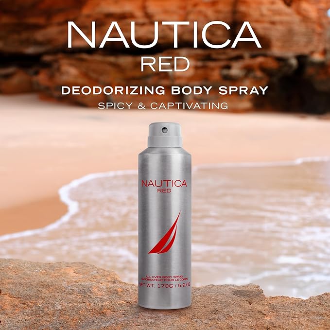 Nautica Color Red Deodorizing Body Spray for Men, Aromatic Fougere Fragrance, Notes of Black Pepper, Lavender and Rosemary, 6.0oz