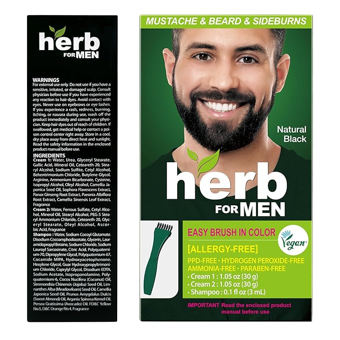 Herb For Men Mustache & Beard Dye (Nature Black, 1 Pack), PPD-Free Ammonia-Free, Vegan with Natural Ingredients, Odorless, Gentle for Sensitive Skin, No Skin Irritation