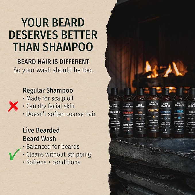 Live Bearded Beard Wash, 8 fl oz - Water-Based Face Cleanser with All-Natural Ingredients for a Gentle, Deep Clean - Made in the USA | American Scent - Cedar, Vetiver, Bergamot