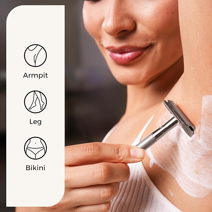ZOMCHI Double Edge Safety Razor for Men & Women, Eco-Friendly Metal Shaver with 5 Refill Blades, Reusable Manual Razor for Smooth Close Shave – Matte Silver