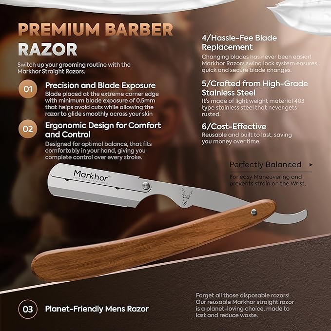 Markhor® Straight Razors for Men with 100 Single Edge Razor Blades | Rose Wood Polish Barber Straight Razor | Straight Edge Razor | Barber Razor Blade | Navajas Para Barbero