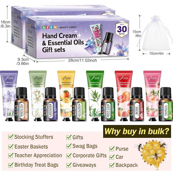 AZEN 60 Sets Bulk Gifts, Hand Cream and Essential Oils Bulk Set with Organza Bag Thank You Card, Baby Shower Wedding Gifts for Guests, Bridal Wedding Favors for Guests,Thank You Gift for Women