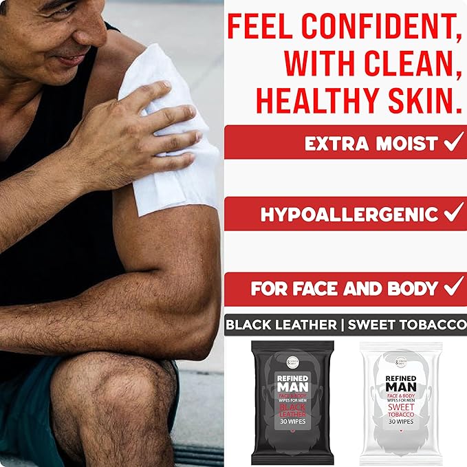 BLKSMITH Face & Body Wipes for Men - Travel Face & Body Wipes - Total 60 - Black Leather & Sweet Tobacco, Cool Gifts for Men 30x2 Wipe - Ideal for Gym, Office, or Outdoors, 2 Pack