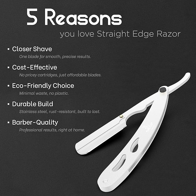 The Cut- Factory- Straight Razor with 20 Pack Platinum Treet Single Blade Razors for Men- Professional Barber Straight Edge Razor for Close Shaving 100 Percent Stainless Steel, White
