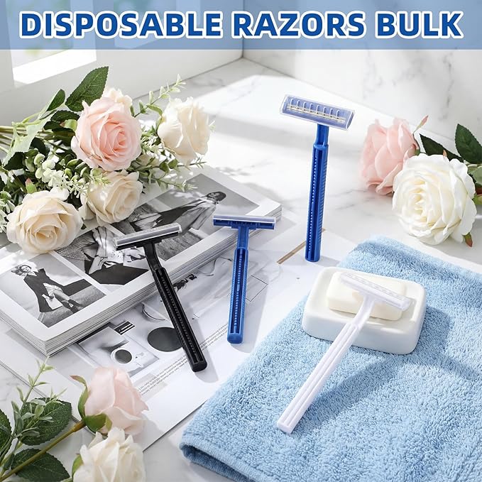 Hanaive Men's Disposable Razors Bulk Twin Blade Disposable Stainless Steel Hospitality Quality Shaver Multipurpose Portable Shave Razor Manual for Bathing Hotel Travel (Black White Blue, 100 Pcs)
