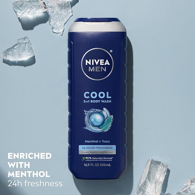 NIVEA MEN Cool Body Wash, Icy Menthol and Yuzu Scent, 3-in-1 Men's Body Wash, Face and Hair, Paraben Free, pH-Skin Friendly, 16.9 Fl Oz Bottle, Pack of 3