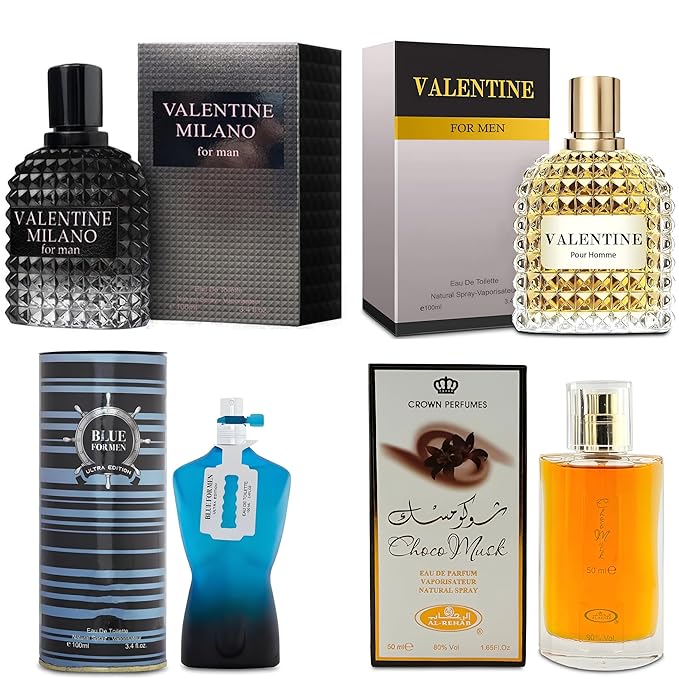 Men's Cologne Gift Set Include Valentine Milano,Valentine,Choco Musk & Blue for Men Ultra - 3.4 Fl Oz Each | Vanilla Bourbon, Leather & Amber Floral Fragrance | Luxury Eau de Toilette Quartet